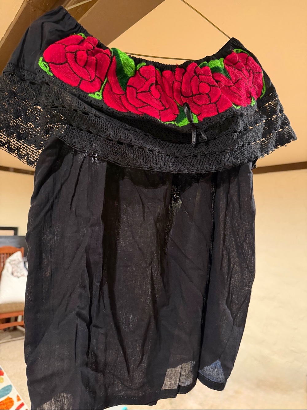 MEXICANA Black Off-Shoulder Blouse with Red Rose Embroidery